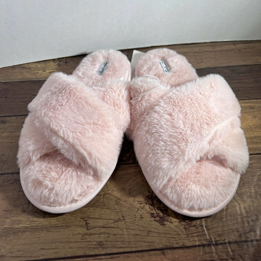 Splendid Faux Fur Slippers FabFitFun S/M Open Back Peep Toe Soft Pink MSRP $48